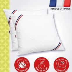Lot de 2 Oreillers Anti-Acariens Belle Nuit 60x60 cm blanc><noscript><img width=