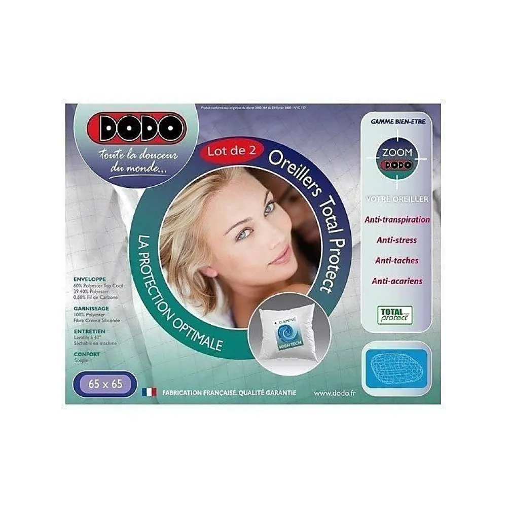 Dodo Lot de 2 oreillers Total Protect 65x65 cm blanc* Oreiller Moelleux
