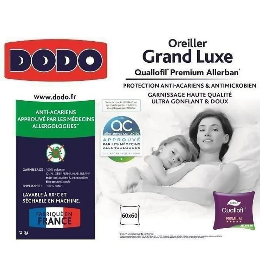 Oreiller Grand luxe Quallofil Allerban - 60 x 60 cm - Blanc>Dodo Clearance