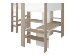 Vente-unique Double lit mezzanine d'angle 2 x 90 x 200 cm - Avec rangements et bureaux - Blanc et naturel - LASCANO* Lit Mezzanine