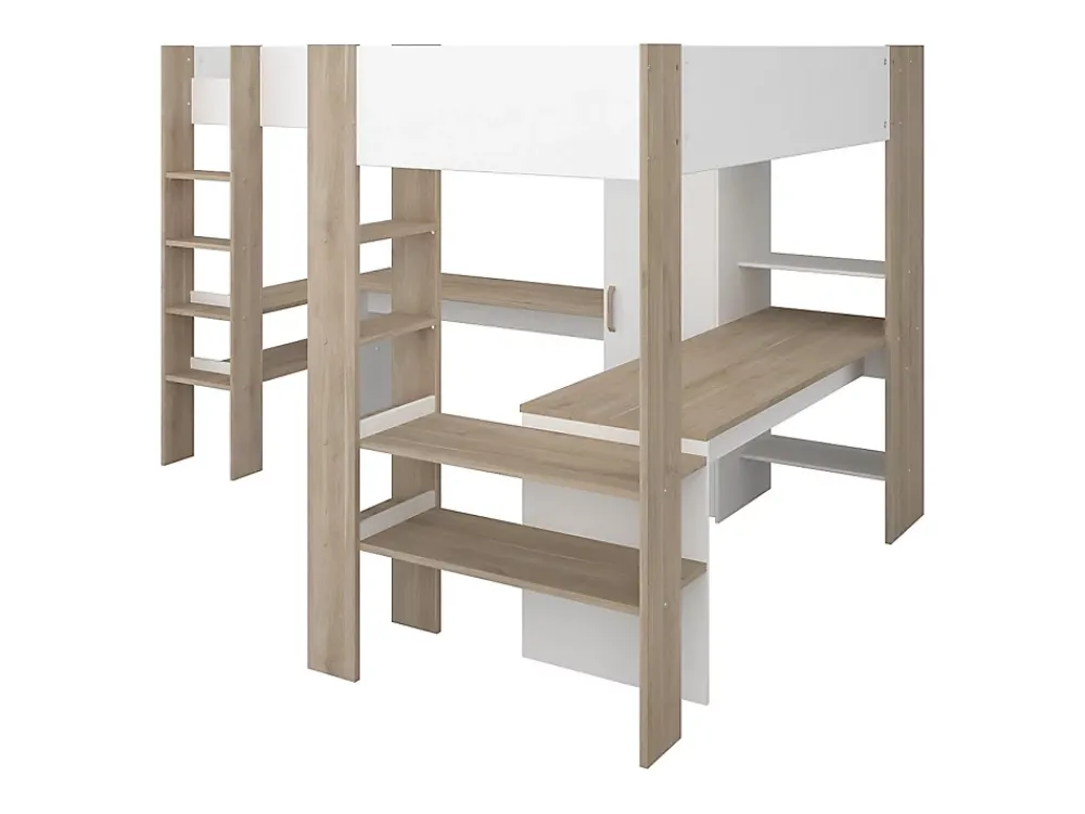 Vente-unique Double lit mezzanine d'angle 2 x 90 x 200 cm - Avec rangements et bureaux - Blanc et naturel - LASCANO* Lit Mezzanine