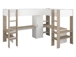 Vente-unique Double lit mezzanine d'angle 2 x 90 x 200 cm - Avec rangements et bureaux - Blanc et naturel - LASCANO* Lit Mezzanine