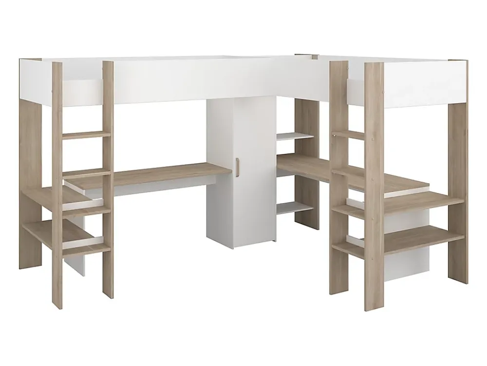 Vente-unique Double lit mezzanine d'angle 2 x 90 x 200 cm - Avec rangements et bureaux - Blanc et naturel - LASCANO* Lit Mezzanine