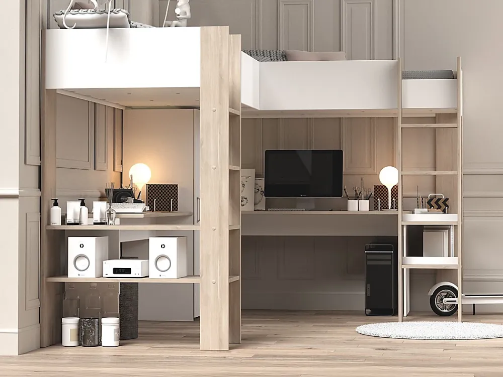 Vente-unique Double lit mezzanine d'angle 2 x 90 x 200 cm - Avec rangements et bureaux - Blanc et naturel - LASCANO* Lit Mezzanine