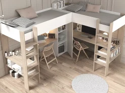 Vente-unique Double lit mezzanine d'angle 2 x 90 x 200 cm - Avec rangements et bureaux - Blanc et naturel - LASCANO* Lit Mezzanine