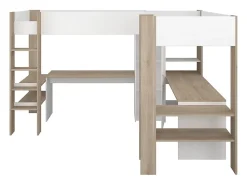 Vente-unique Double lit mezzanine d'angle 2 x 90 x 200 cm - Avec rangements et bureaux - Blanc et naturel - LASCANO* Lit Mezzanine
