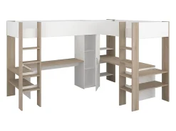 Vente-unique Double lit mezzanine d'angle 2 x 90 x 200 cm - Avec rangements et bureaux - Blanc et naturel - LASCANO* Lit Mezzanine