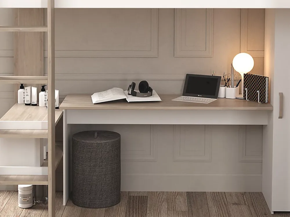Vente-unique Double lit mezzanine d'angle 2 x 90 x 200 cm - Avec rangements et bureaux - Blanc et naturel - LASCANO* Lit Mezzanine