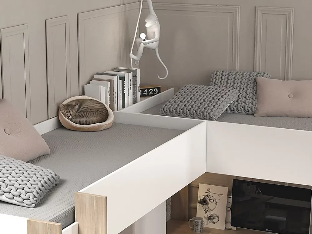 Vente-unique Double lit mezzanine d'angle 2 x 90 x 200 cm - Avec rangements et bureaux - Blanc et naturel - LASCANO* Lit Mezzanine