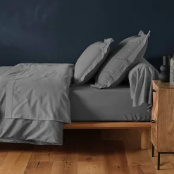 DRAP HOUSSE 2 PERSONNES UNI 57 FILS LINA GRIS SOURIS - 140x190cm - Gris><noscript><img width=