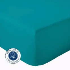 Tradilinge Drap Housse coton bonnet 23 cm fabriqué en France (90x190 cm - Bleu Paon)* Drap Housse|Drap Housse