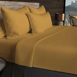 Soleil D'Ocre Drap housse en coton 57 fils 90x190 cm UNI moutarde, par* Drap Housse|Drap Housse