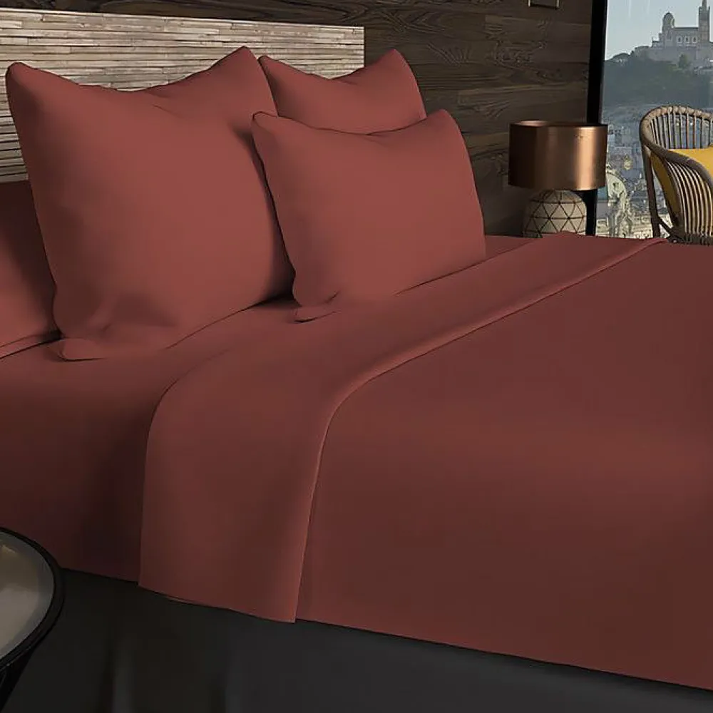 Drap housse en coton 57 fils 200x200 cm UNI brique, par>Soleil D'Ocre Sale