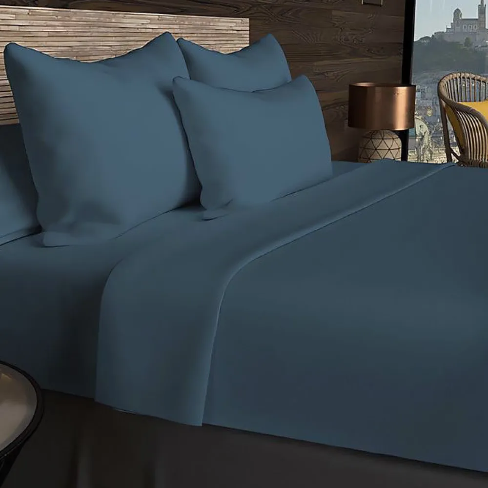 Soleil D'Ocre Drap housse en coton 57 fils 140x190 cm UNI bleu canard, par* Drap Housse|Drap Housse