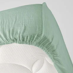Drap Housse en gaze de coton (160x200 cm - Sauge)><noscript><img width=