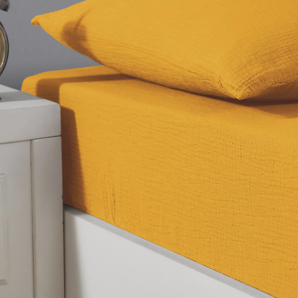 Drap housse en gaze de coton bonnet 30 cm Caramel 180x200 cm LOFT>Sensei Maison