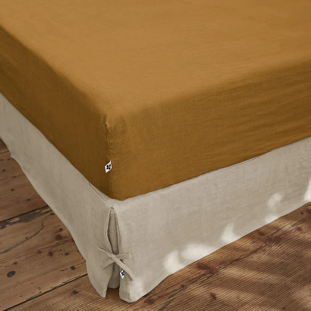 Drap Housse en Lin Lavé 140 x 190 cm Caramel>Eden Outlet