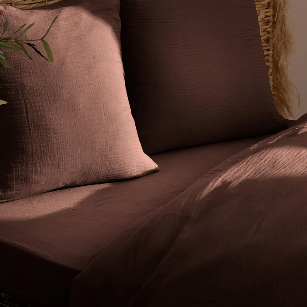 Drap housse Flora gaze de coton marron 140x190cm - Atmosphera>Atmosphera Créateur D'Intérieur Online