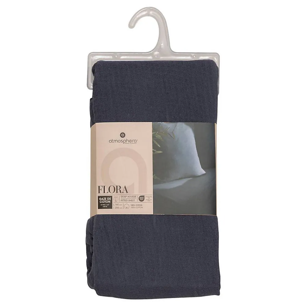 Drap housse Flora gaze de coton bleu 160x200cm - Atmosphera>Atmosphera Créateur D'Intérieur