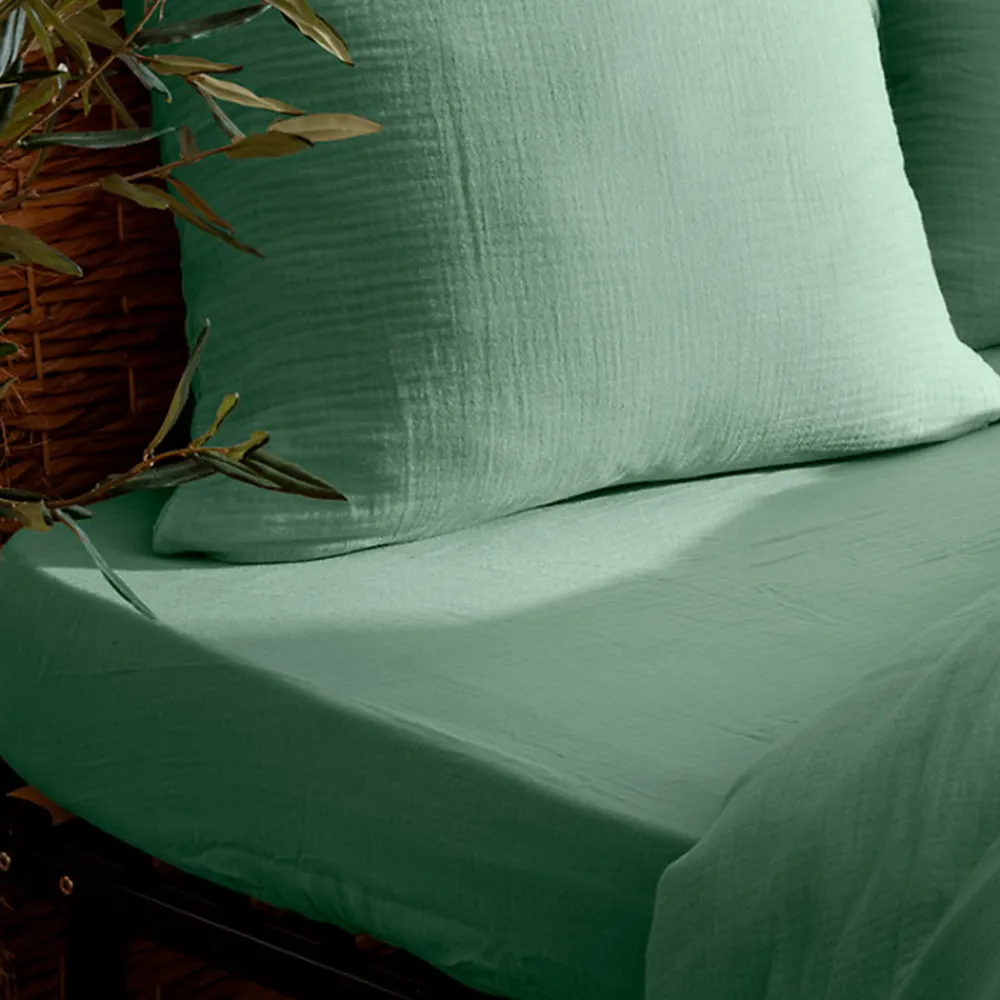Drap housse Flora gaze de coton vert céladon 160x200cm - Atmosphera>Atmosphera Créateur D'Intérieur Hot