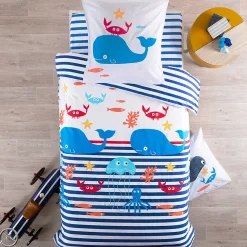 Linnea Drap housse imprimé 90x190 cm coton biologique OCTOPUSSE à rayures Bleu et Blanc Bonnet 25 cm* Drap Housse|Drap Housse