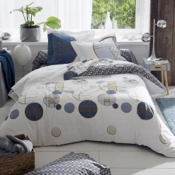 Drap housse imprimé 90x200 cm percale de coton ROMEO bleu Baltique Bonnet 40 cm>Linnea Hot
