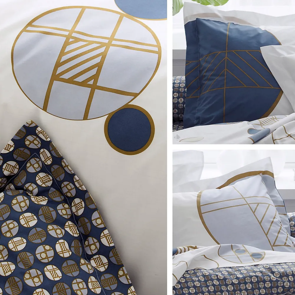 Drap housse imprimé 90x200 cm percale de coton ROMEO bleu Baltique Bonnet 40 cm>Linnea Hot