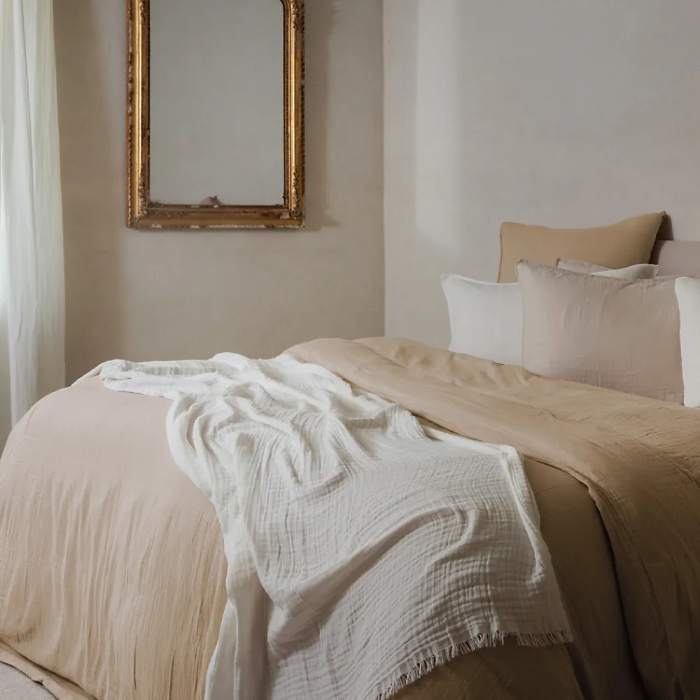 Drap housse MILOS mousseline de coton 140x200 cm bonnet 30 cm uni marron camel>Linnea