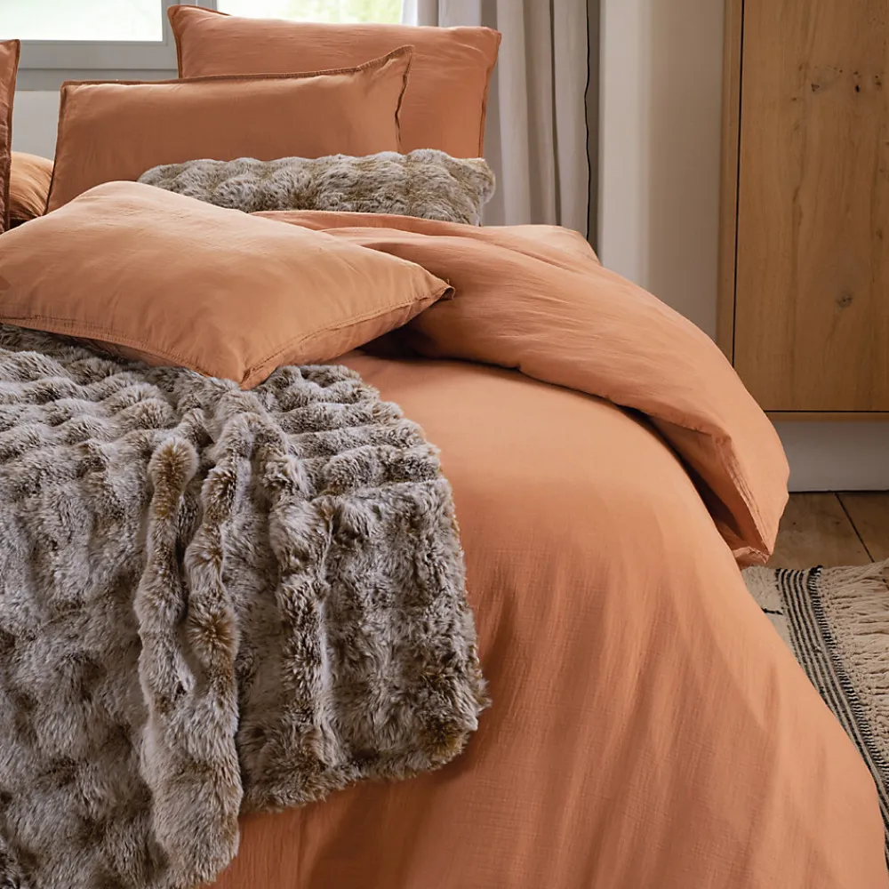 Drap housse MILOS mousseline de coton 140x200 cm bonnet 30 cm uni marron terre cuite>Linnea Sale