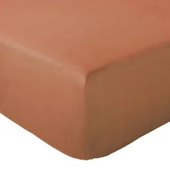 Drap housse MILOS mousseline de coton 140x200 cm bonnet 30 cm uni marron terre cuite><noscript><img width=
