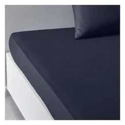 Drap housse TODAY Essential - 140 x 200+30 cm - 2 personnes - 100% Coton uni - Navy><noscript><img width=