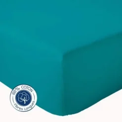 Drap Housse Uni bonnet 30 cm 100% Coton (180x190 cm - Bleu Paon)>Tradilinge Hot