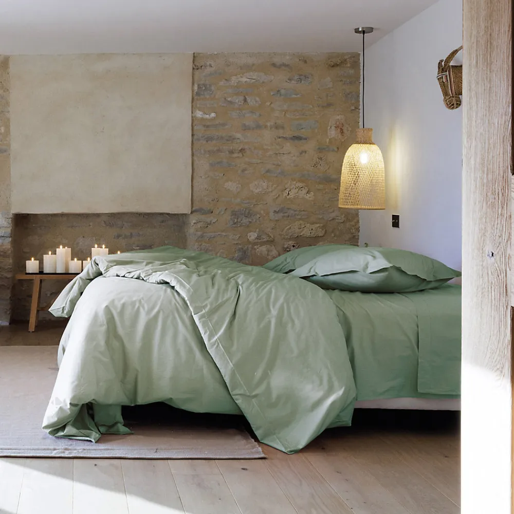 Drap housse uni 160x200 cm bonnet 35 cm percale de coton MANOIR vert Lichen>Linnea