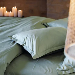 Drap housse uni 160x200 cm bonnet 35 cm percale de coton MANOIR vert Lichen><noscript><img width=