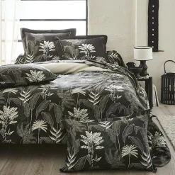 Tradilinge Drap plat en satin aux feuilles tropicales (240x310 cm - Gris anthracite)* Drap Plat