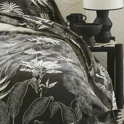 Tradilinge Drap plat en satin aux feuilles tropicales (180x290 cm - Gris anthracite)* Drap Plat