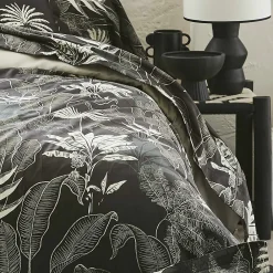 Drap plat en satin aux feuilles tropicales (280x325 cm - Gris anthracite)>Tradilinge Outlet