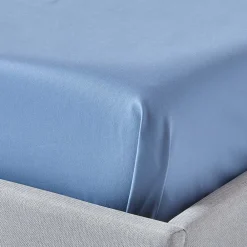 Drap plat en satin de coton égyptien 1000 fils bleu, 240x275 cm -><noscript><img width=