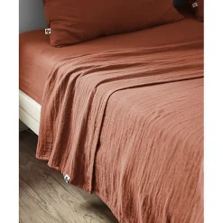 Drap plat "Gaïa" toutes dimensions "Gaze de Coton" - Gaïa Terracotta - 240 x 300 cm pour lit 2 places>L'Effet Papillon Hot