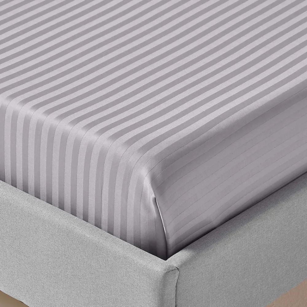 Drap plat satin rayé en coton égyptien 330 fils gris, 275x275 cm ->Homescapes Best