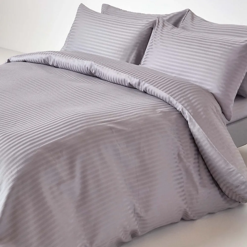 Drap plat satin rayé en coton égyptien 330 fils gris, 275x275 cm ->Homescapes Best