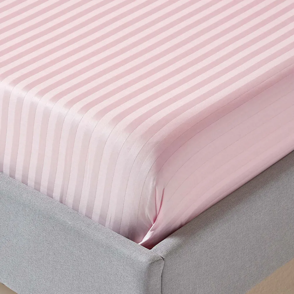 Drap plat satin rayé en coton égyptien 330 fils rose, 275x275 cm ->Homescapes New