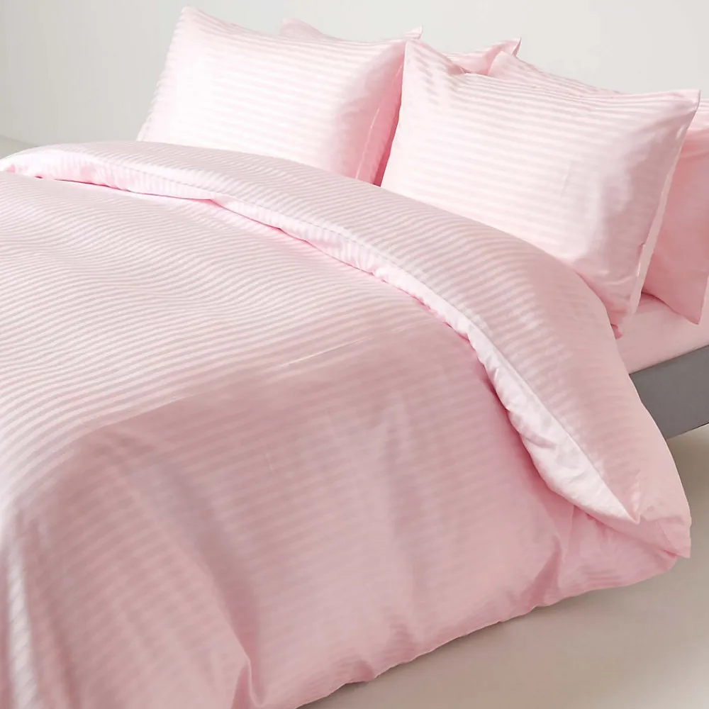 Drap plat satin rayé en coton égyptien 330 fils rose, 275x275 cm ->Homescapes New