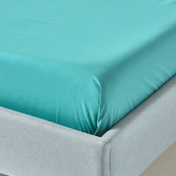 Drap plat uni 100 % coton égyptien 200 fils bleu canard, 240x300 cm -><noscript><img width=