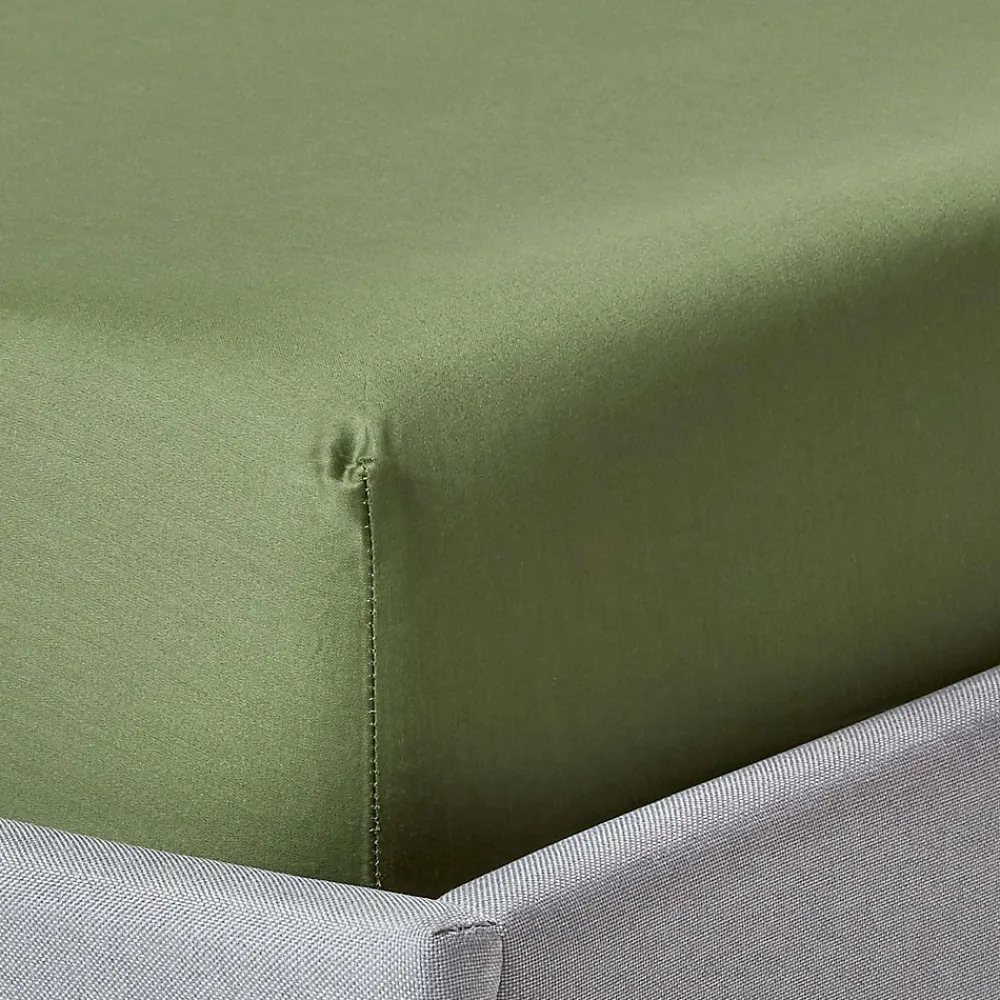 Drap-housse uni 100 % coton égyptien biologique 400 fils vert mousse 90 x 190 cm ->Homescapes