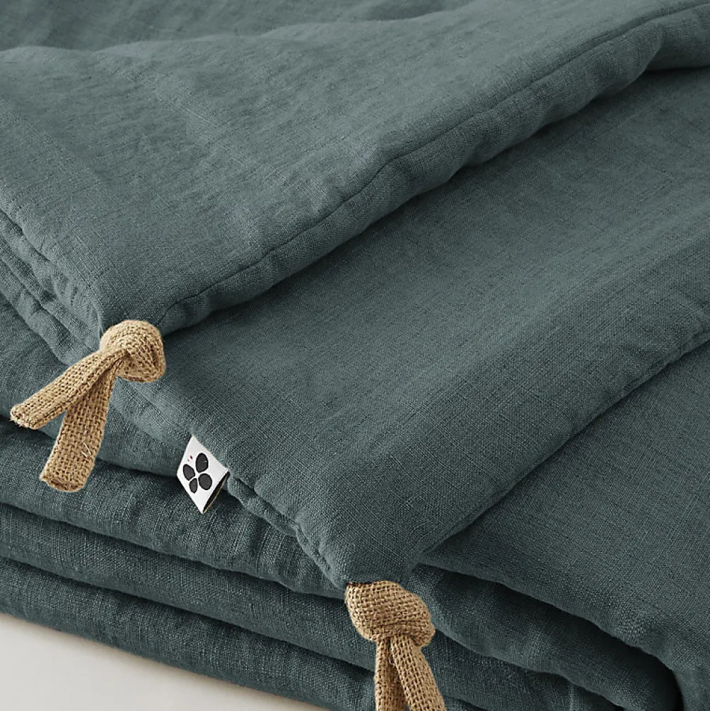 Édredon 90 x 200 cm lin lavé bleu avec 4 nouettes en jute - LUISA>Meubletmoi Outlet