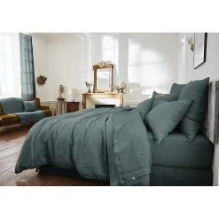 Édredon 90 x 200 cm lin lavé bleu avec 4 nouettes en jute - LUISA><noscript><img width=