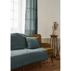 Meubletmoi Édredon 150 x 150 cm lin lavé bleu avec 4 nouettes en jute - LUISA* Boutis, Couvre-Lit, Édredon