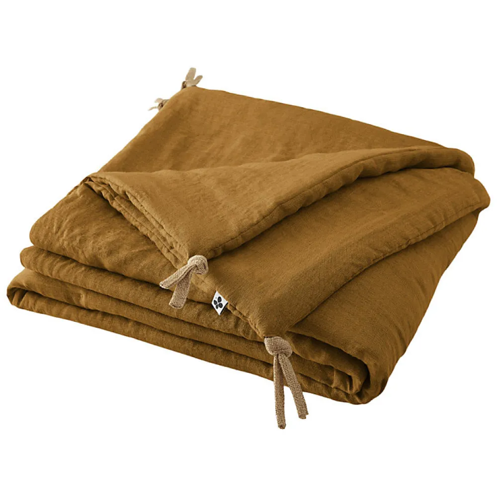Meubletmoi Édredon 90 x 200 cm lin lavé caramel avec 4 nouettes en jute - LUISA* Boutis, Couvre-Lit, Édredon