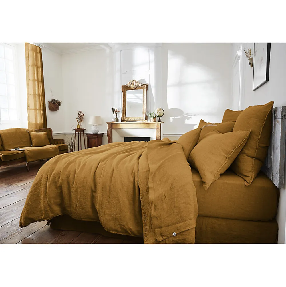 Meubletmoi Édredon 90 x 200 cm lin lavé caramel avec 4 nouettes en jute - LUISA* Boutis, Couvre-Lit, Édredon